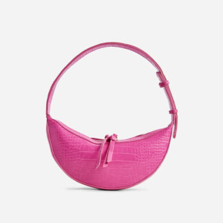 Solar Shaped Shoulder Bag In Pink Croc Print Faux Leather,, Pink