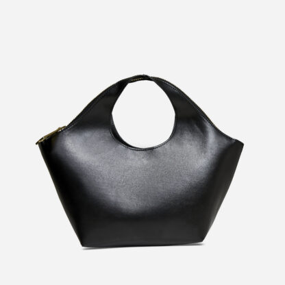 Spring Round Handle Shaped Bag In Black Faux Leather,, Black