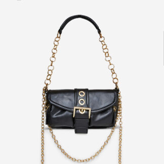 Harla Buckle Chain Detail Shaped Shoulder Bag In Black Faux Leather,, Black