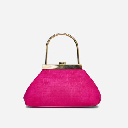 Porter Clasp Detail Top Handle Pouch Bag In Pink Croc Print Faux Suede,, Pink