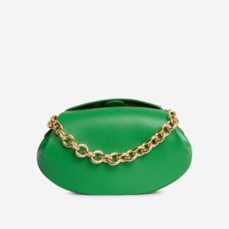 Celia Chain Strap Detail Oval Shaped Shoulder Bag In Green Faux Leather,, Green