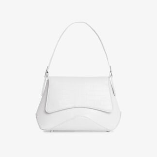 Kennedy Shaped Shoulder Bag In White Croc Print Faux Leather,, White