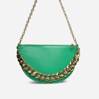 Quilo Chain Detail Half Circle Shaped Cross Body Bag In Green Faux Leather,, Green