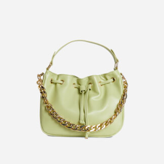 Olwen Chain Detail Drawstring Grab Bag In Green Faux Leather,, Green