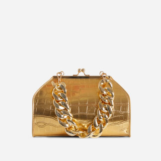 Tuco Chunky Chain Detail Boxy Grab Bag In Gold Croc Faux Leather,, Gold