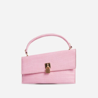 Thompson Asymmetric Padlock Detail Grab Bag In Pink Croc Print Faux Leather,, Pink