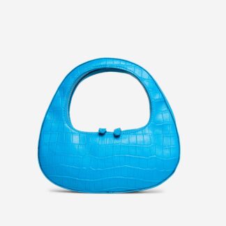Alba Shaped Shoulder Bag In Teal Blue Croc Print Faux Leather,, Blue