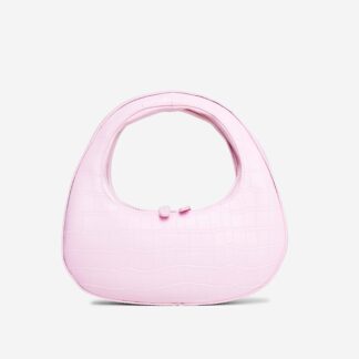 Alba Shaped Shoulder Bag In Pink Croc Print Faux Leather,, Pink