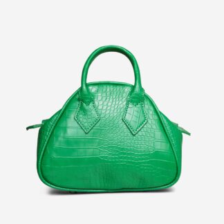 Carmen Top Handle Shaped Grab Bag In Green Croc Print Faux Leather,, Green