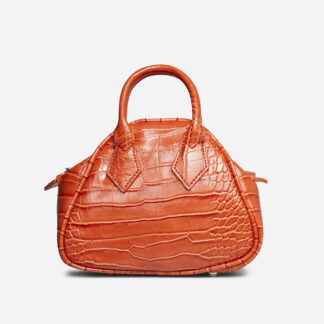 Carmen Top Handle Shaped Grab Bag In Orange Croc Print Faux Leather,, Orange