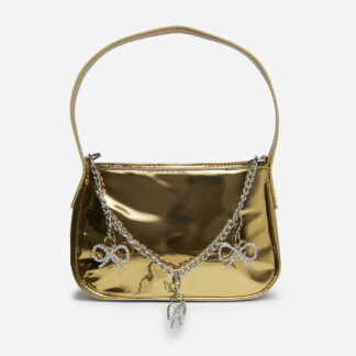 Ribbon Chain Strap Diamante Bow Detail Shoulder Bag In Gold Patent,, Gold