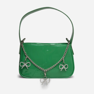 Ribbon Chain Strap Diamante Bow Detail Shoulder Bag In Green Patent,, Green