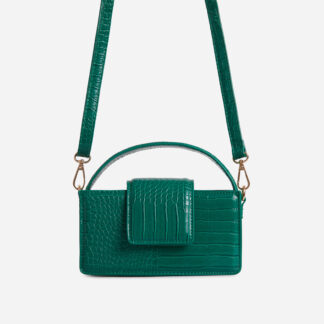 Malaya Clasp Detail Top Handle Mini Bag In Green Croc Print Faux Leather,, Green