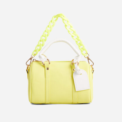 Envy Chain Strap Detail Oversized Bowling Bag In Yellow Faux Leather,, Yellow