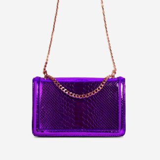 Danika Chain Strap Detail Cross Body Bag In Purple Metallic Croc Print Faux Leather,, Purple