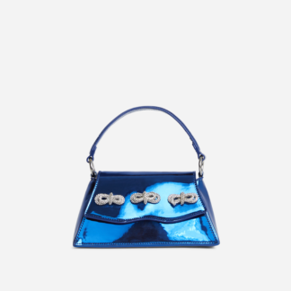 Blair Diamante Bow Detail Shaped Shoulder Bag In Blue Metallic Faux Leather,, Blue