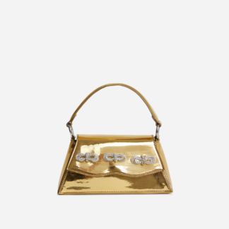 Blair Diamante Bow Detail Shaped Shoulder Bag In Gold Metallic Faux Leather,, Gold