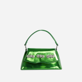 Blair Diamante Bow Detail Shaped Shoulder Bag In Green Metallic Faux Leather,, Green