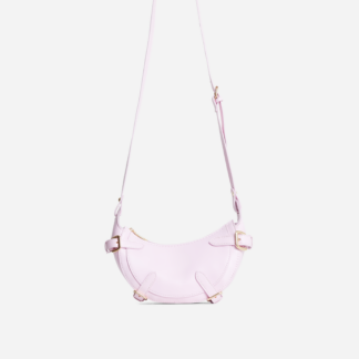 Elena Buckle Detail Half Moon Shaped Cross Body Bag In Pink Faux Leather,, Pink