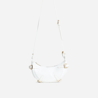 Elena Buckle Detail Half Moon Shaped Cross Body Bag In White Faux Leather,, White