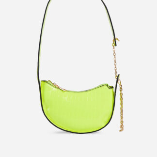 Eden Chain Detail Saddle Shoulder Bag In Lime Green Croc Print Faux Leather,, Green