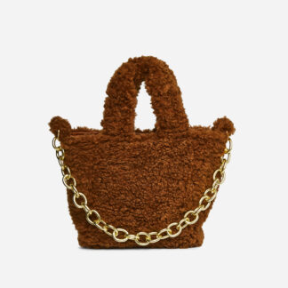 Ella Chain Detail Top Handle Tote Bag In Brown Faux Shearling,, Brown