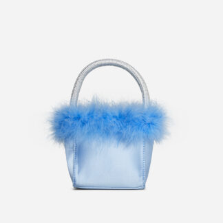 Royst Fluffy Faux Feather Detail Diamante Handle Grab Bag In Blue Satin,, Blue