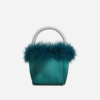 Royst Fluffy Faux Feather Detail Diamante Handle Grab Bag In Green Satin,, Green