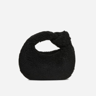 Vega Knotted Strap Grab Bag In Black Faux Fur,, Black