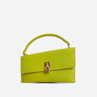 Thompson Asymmetric Padlock Detail Grab Bag In Lime Green Croc Print Faux Leather,, Green