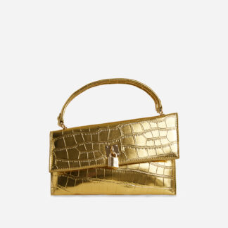 Thompson Asymmetric Padlock Detail Grab Bag In Gold Croc Print Faux Leather,, Gold