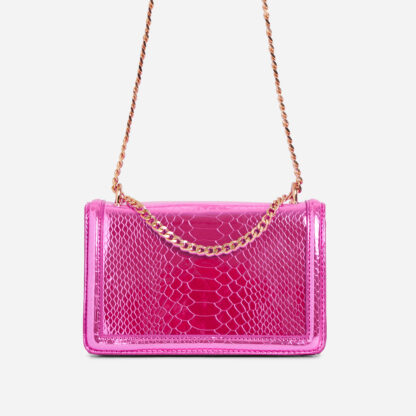 Danika Chain Strap Detail Cross Body Bag In Pink Metallic Croc Print Faux Leather,, Pink