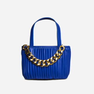 Romona Pleated Chain Detail Cross Body Bag In Blue Faux Leather,, Blue