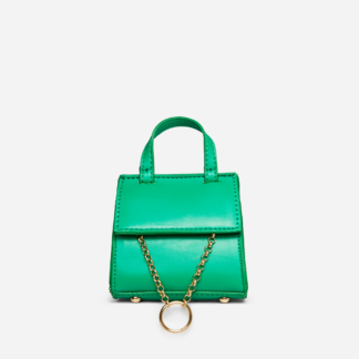 Vada Chain Ring Detail Top Handle Grab Bag In Green Faux Leather,, Green