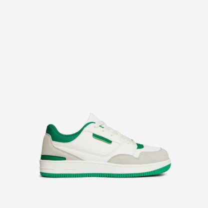 Runaway Lace Up Chunky Sole Trainer In White And Green Faux Leather, Green