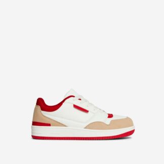 Runaway Lace Up Chunky Sole Trainer In White And Red Faux Leather, Red