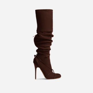 Come-Through Twisted Strap Detail Over The Knee Thigh High Long Stiletto Heel Boot In Brown Faux Suede, Brown