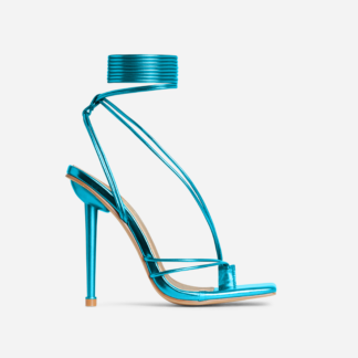 Gaite Lace Up Strappy Square Toe Stiletto Statement Heel In Teal Blue Metallic Faux Leather, Blue