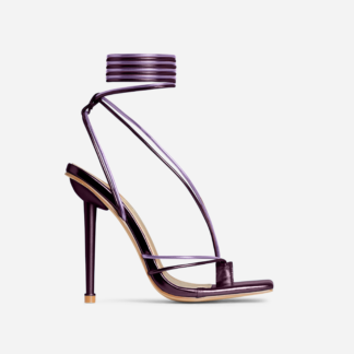 Gaite Lace Up Strappy Square Toe Stiletto Statement Heel In Lilac Metallic Faux Leather, Purple