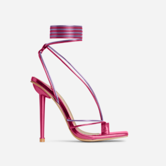 Gaite Wide Fit Lace Up Strappy Square Toe Stiletto Statement Heel In Pink Metallic Faux Leather, Pink