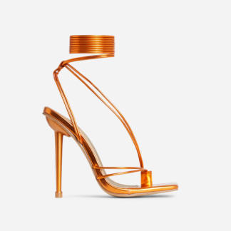 Gaite Wide Fit Lace Up Strappy Square Toe Stiletto Statement Heel In Orange Metallic Faux Leather, Orange