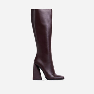 Big-Goals Square Toe Sculptured Block Heel Knee High Long Boot In Dark Brown Faux Leather, Brown