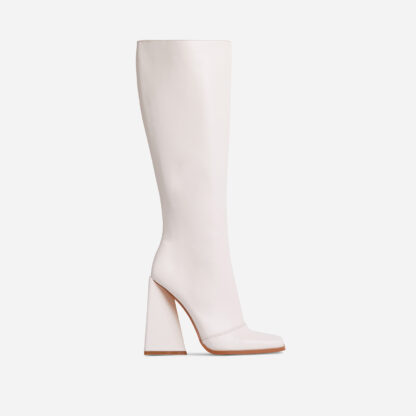 Big-Goals Square Toe Sculptured Block Heel Knee High Long Boot In Cream Nude Faux Leather, Nude