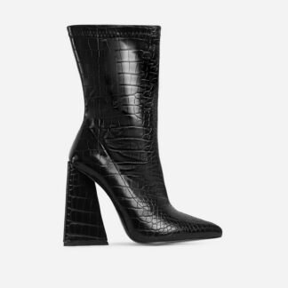 Global Pointed Toe Sculptured Block Heel Ankle Boot In Black Croc Print Faux Leather, Black