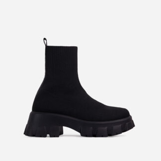 Don't-Trust Chunky Sole Ankle Chelsea Sock Biker Boot In Black Knit, Black