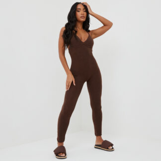 Thin Strapped Jumpsuit In Brown Knit UK 14, Brown