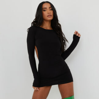 Long Sleeve Backless Thong Detail Mini Bodycon Dress In Black UK 14, Black