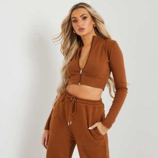 Long Sleeve High Neck Zip Up Crop Top In Brown UK 10, Brown