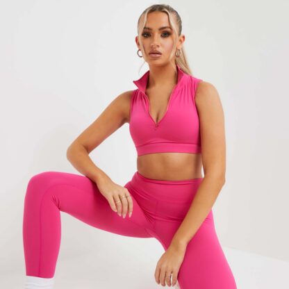 High Neck Zip Up Sleeveless Cropped Gym Top In Pink UK Small S, Pink