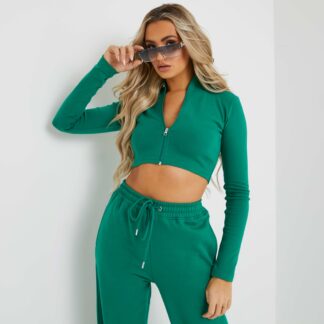 Long Sleeve High Neck Zip Up Crop Top In Green UK 14, Green